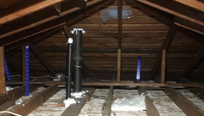 New insulation installed over existing attic insulation beneath the roof structure.